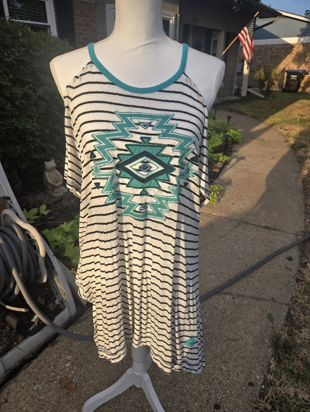 Double D Ranch Black & White Striped Cold-Shoulder Tank with Teal Aztec Motif